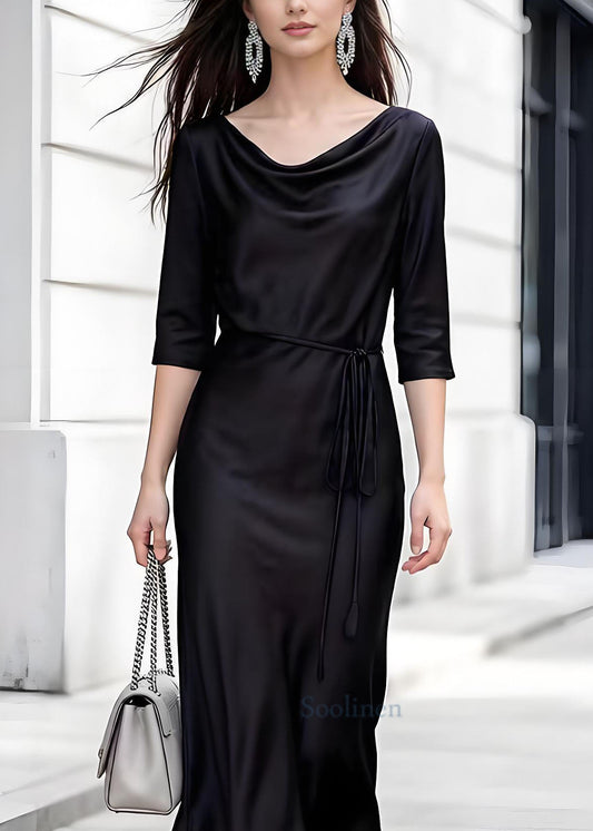 Elegant Black Turtle Neck Lace Up Silk Dress Summer
