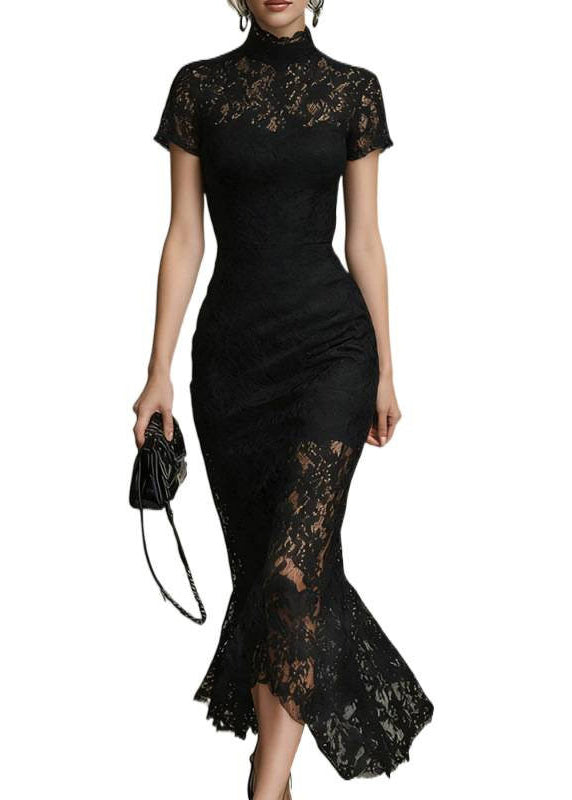 Elegant Black Turtleneck Lace Long Dresses Short Sleeve