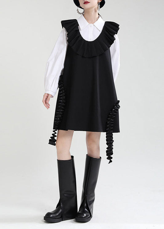 Elegantes schwarzes U-Ausschnitt Patchwork Rüschen Herbstkleid ärmellos