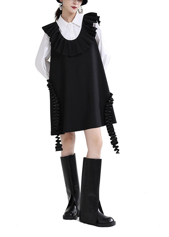 Elegantes schwarzes U-Ausschnitt Patchwork Rüschen Herbstkleid ärmellos