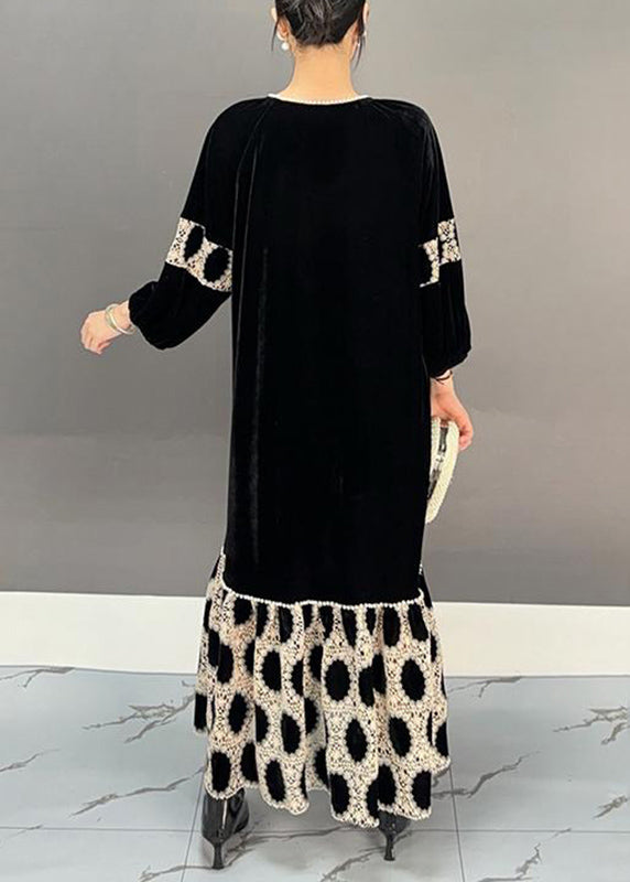 Elegant Black V Neck Patchwork Holiday Long Dress Fall