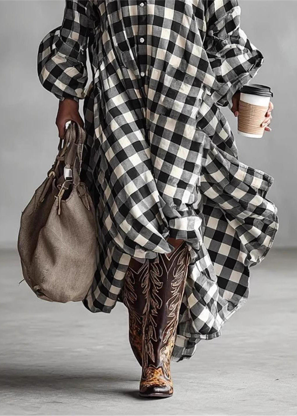 Elegant Black White Plaid Low High Design Cotton Maxi Dresses Long Sleeve