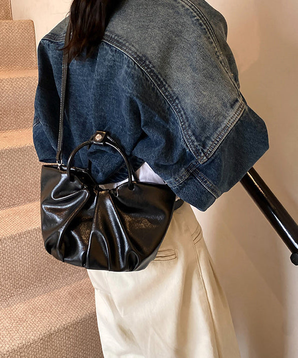 Elegant Black Wrinkled Faux Leather Tote Handbag