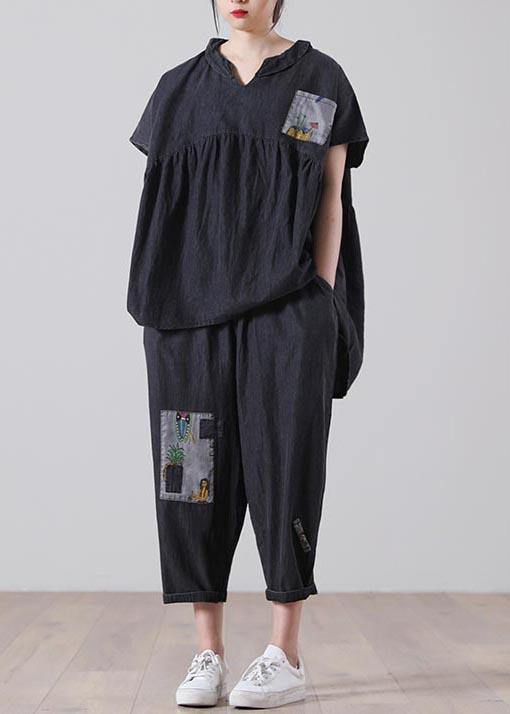 Elegant Black patchwork Pockets Cotton Two Pieces Set Summer - SooLinen