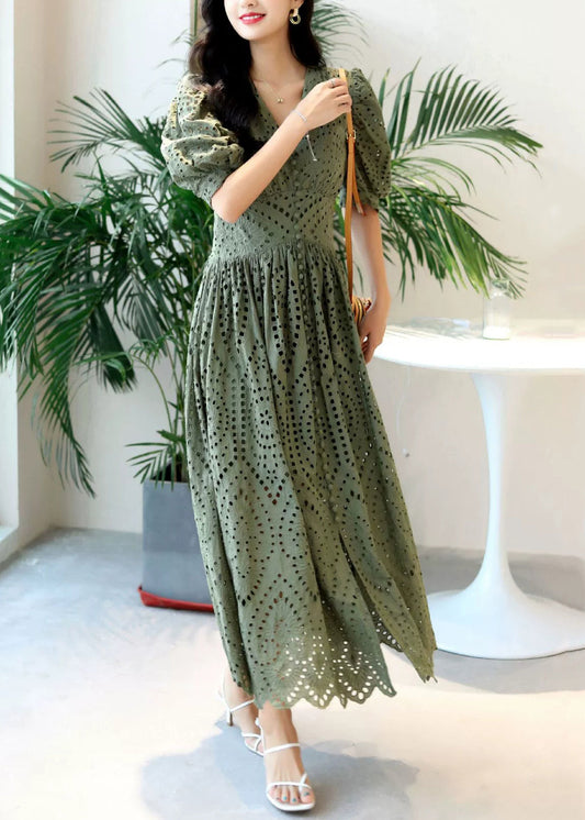 Elegant Blackish Green V Neck Hollow Out Cotton Dresses Summer
