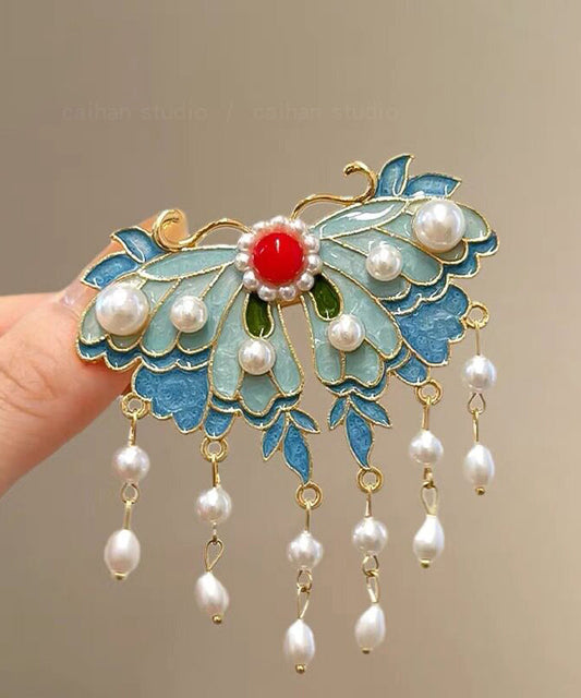 Elegant Blue Alloy Butterfly Enameling Pearl Tassel Hairpin