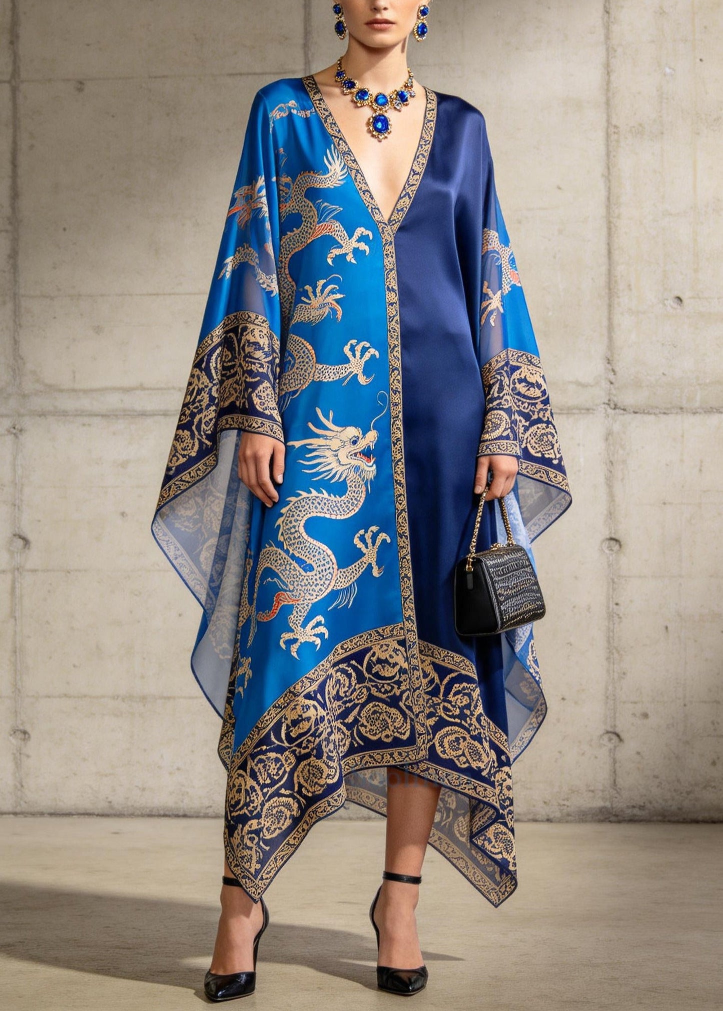 Elegant Blue Asymmetrical Print Chiffon Maxi Dresses Summer