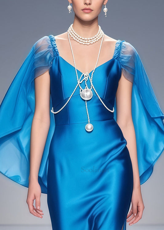 Elegant Blue Cloak Patchwork Side Open Silk Dinner Dresses Summer