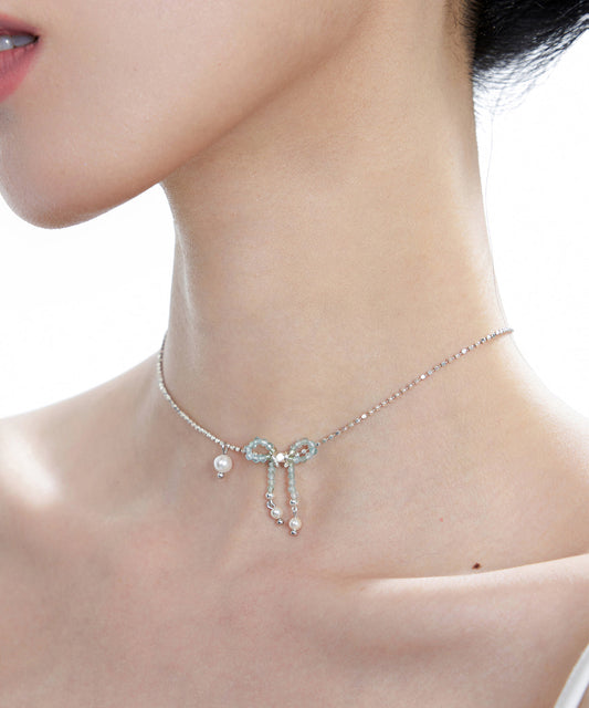 Elegant Blue Crystal Bow Pearl Silver Choker