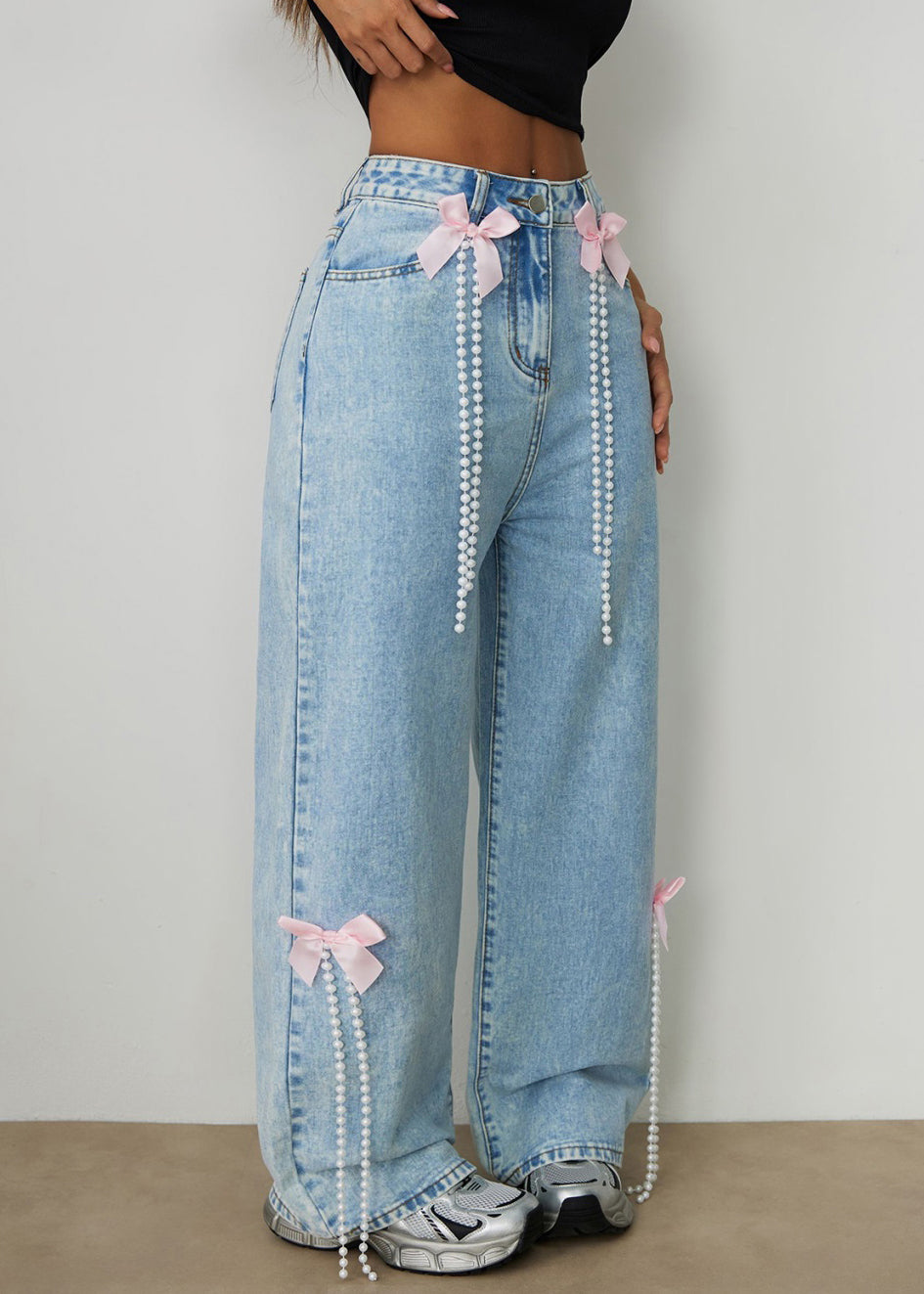 Elegant Blue High Waist Bow Pearl Tassel Wide Leg Jeans