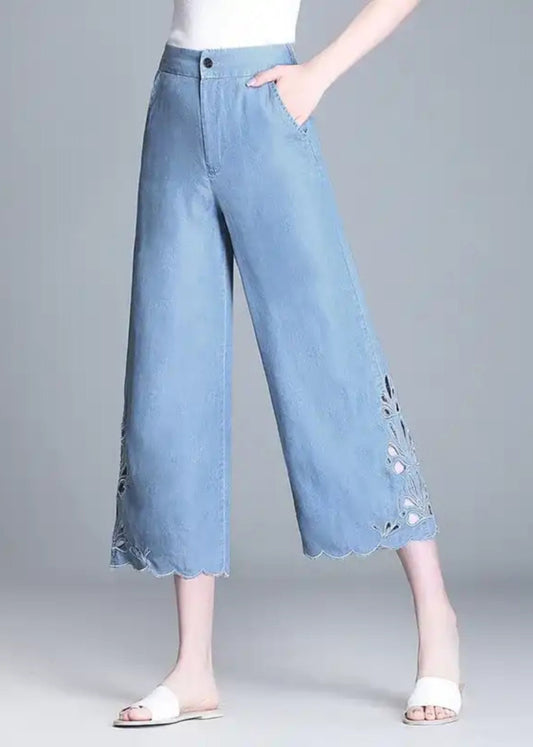 Elegant Blue High Waist Hollow Out Crop Jeans Summer