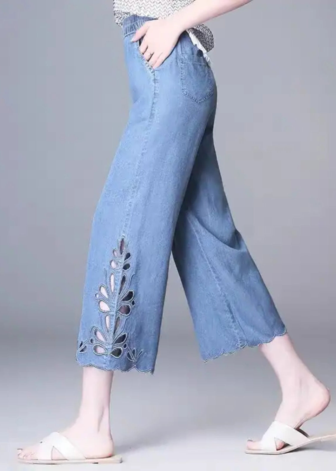 Elegant Blue High Waist Hollow Out Crop Jeans Summer
