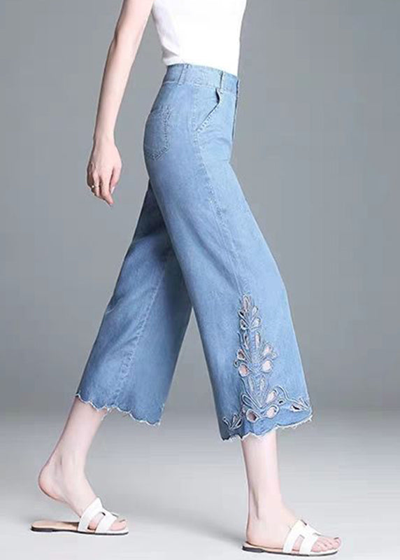 Elegant Blue High Waist Hollow Out Crop Jeans Summer