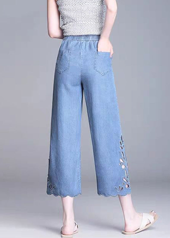 Elegant Blue High Waist Hollow Out Crop Jeans Summer
