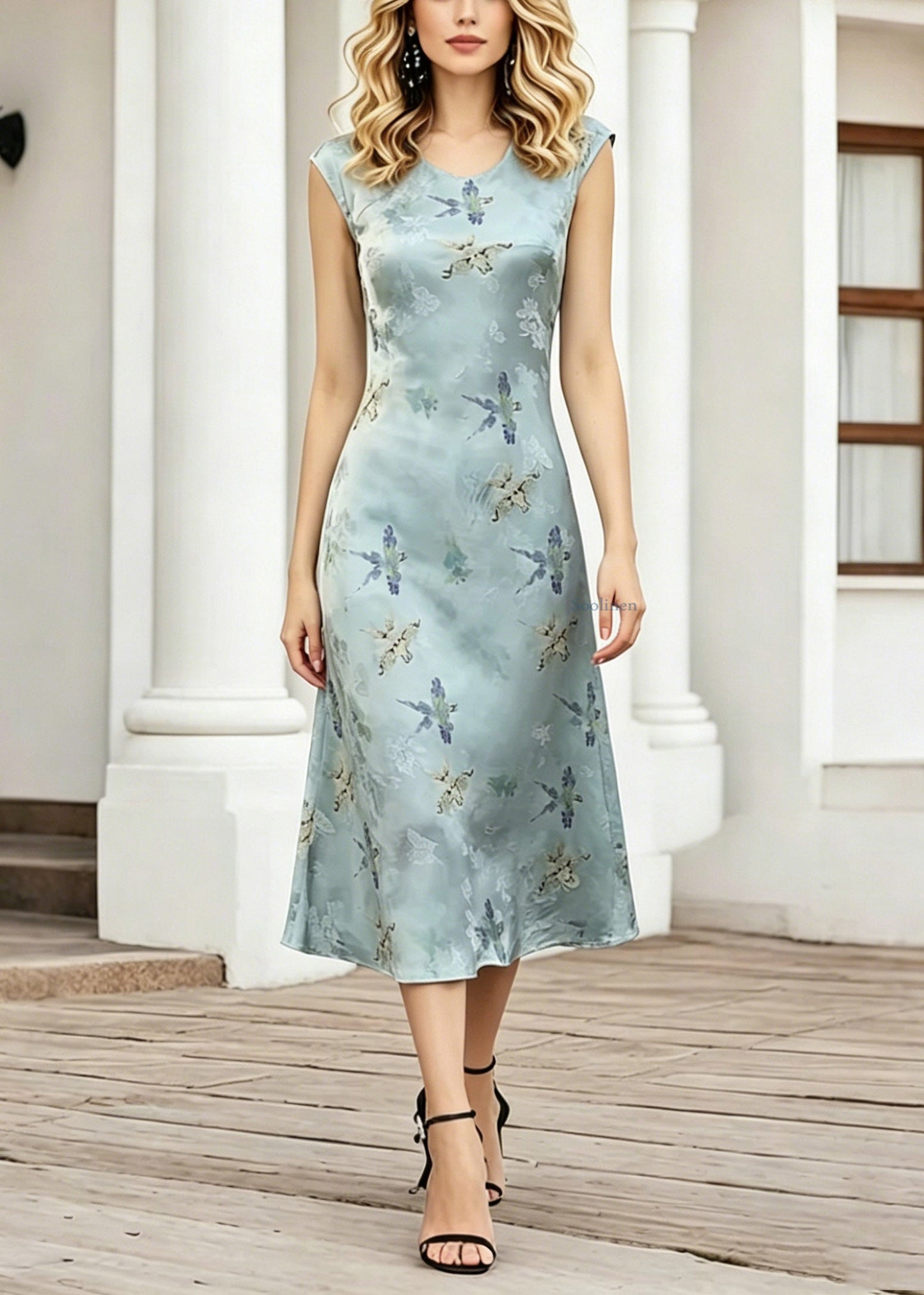 Elegant Blue O-Neck Print Long Dress Short Sleeve