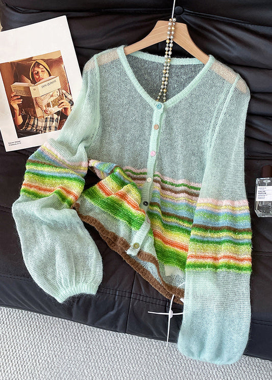 Elegant Blue O Neck Striped Patchwork Thin Knit Cardigans Fall