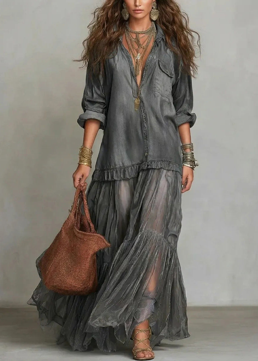 Light Grey Tulle Patchwork Denim Dress Summer