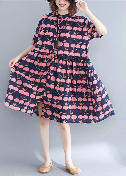 Elegant Blue Print Cotton Button Summer Ankle Dress - SooLinen