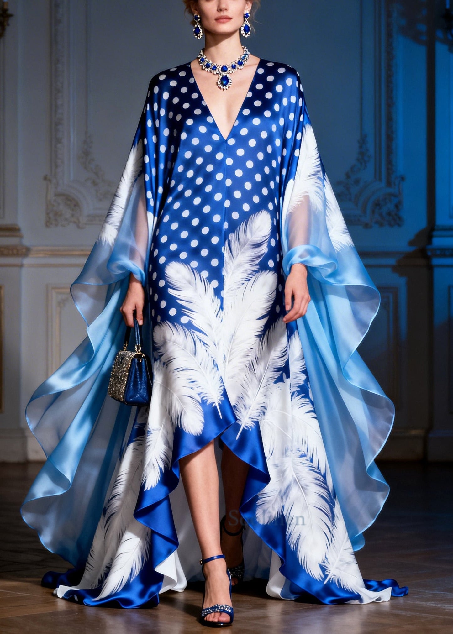 Elegant Blue Print Exra Large Hem Low High Design Silk Evening Dress Summer