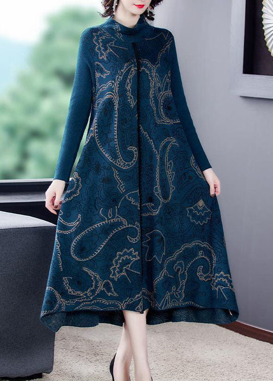 Elegantes blaues Stehkragen-Print-Strickpulloverkleid aus Wolle mit großem Saum für den Winter
