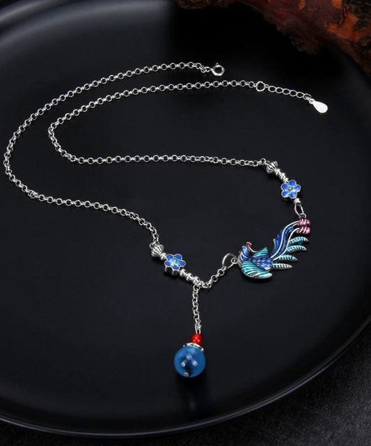 Elegant Blue Sterling Silver Cloisonne Phoenix Tassel Pendant Necklace