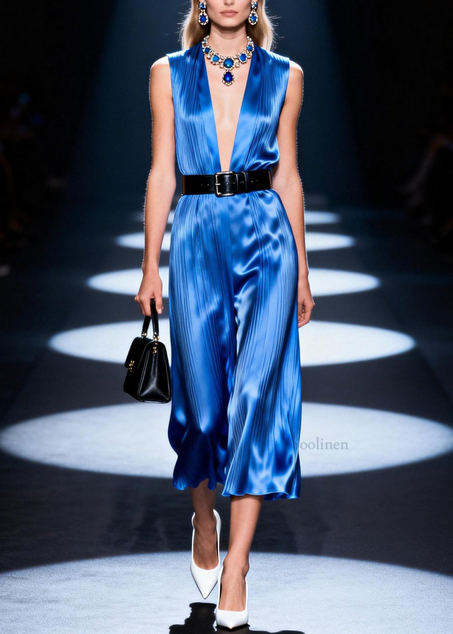 Elegant Blue V Neck Patchwork Silk Dress Sleeveless