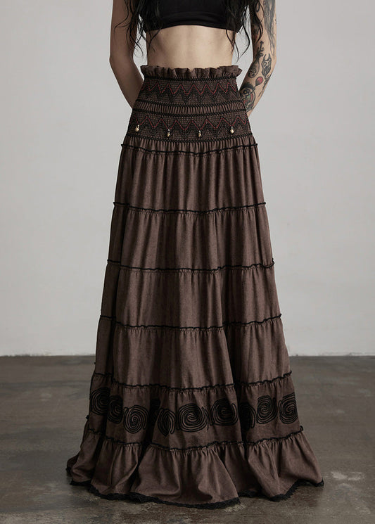 Elegant Brown Embroidered Tasseled Cotton Holiday Skirt Spring