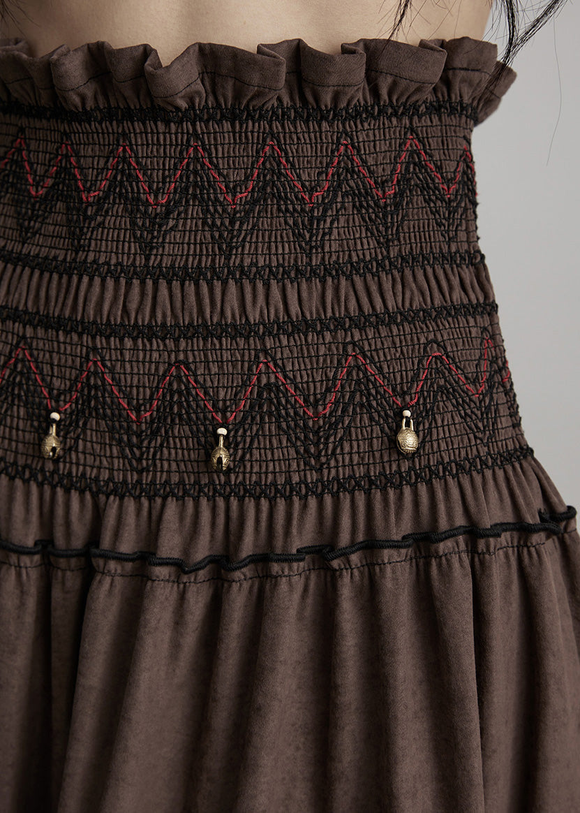 Eleganter brauner bestickter Baumwollrock mit Quasten für die Feiertage im Frühling