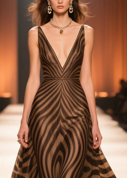 Elegant Brown V Neck Striped Chiffon Long Dresses Summer