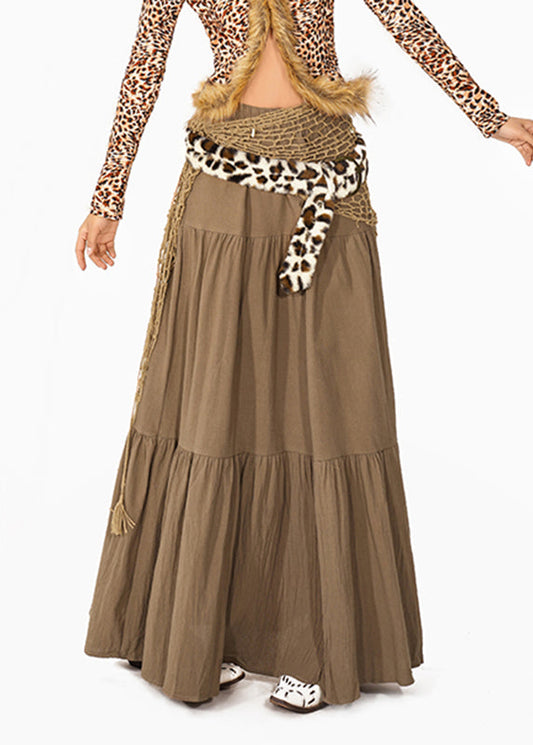 Elegant Camel Patchwork Wrinkled Maxi Skirt Summer