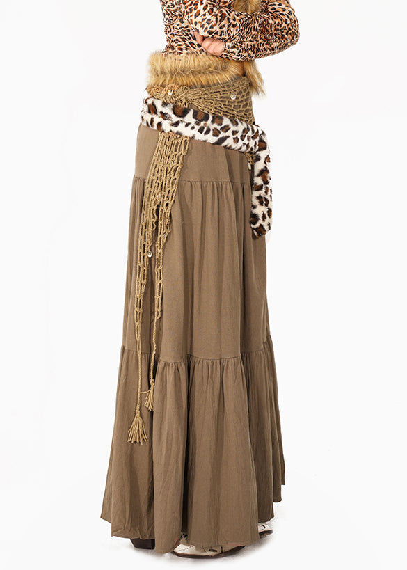 Elegant Camel Patchwork Wrinkled Maxi Skirt Summer