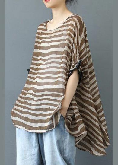 Elegant Chocolate Striped Clothes For Women O Neck Midi Blouse - SooLinen
