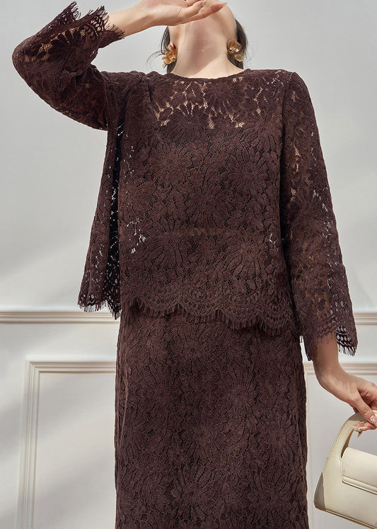 Elegant Coffee O Neck Hollow Out Lace Two Pieces Set Fall