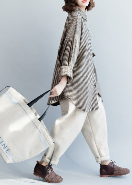 Elegante Schokolade Peter Pan Kragen Plaid Woolen Top Frühling