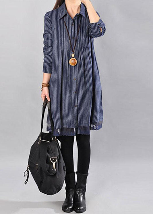 Elegante Baumwollkleidung für Frauen in Übergröße, lockeres Baumwolldruck-Spitzensaum-Blaukleid