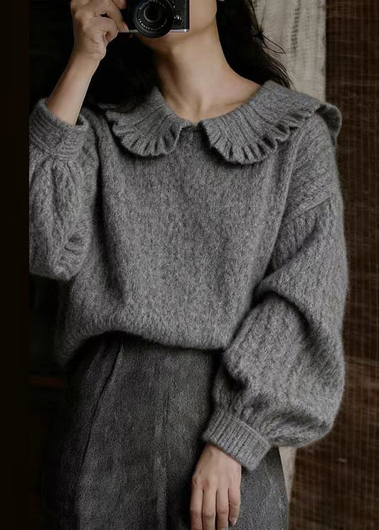 Elegant Dark Gray Peter Pan Collar Cozy Knit Sweater Winter