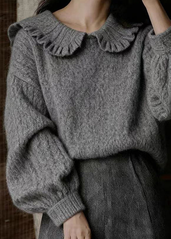 Elegant Dark Gray Peter Pan Collar Cozy Knit Sweater Winter