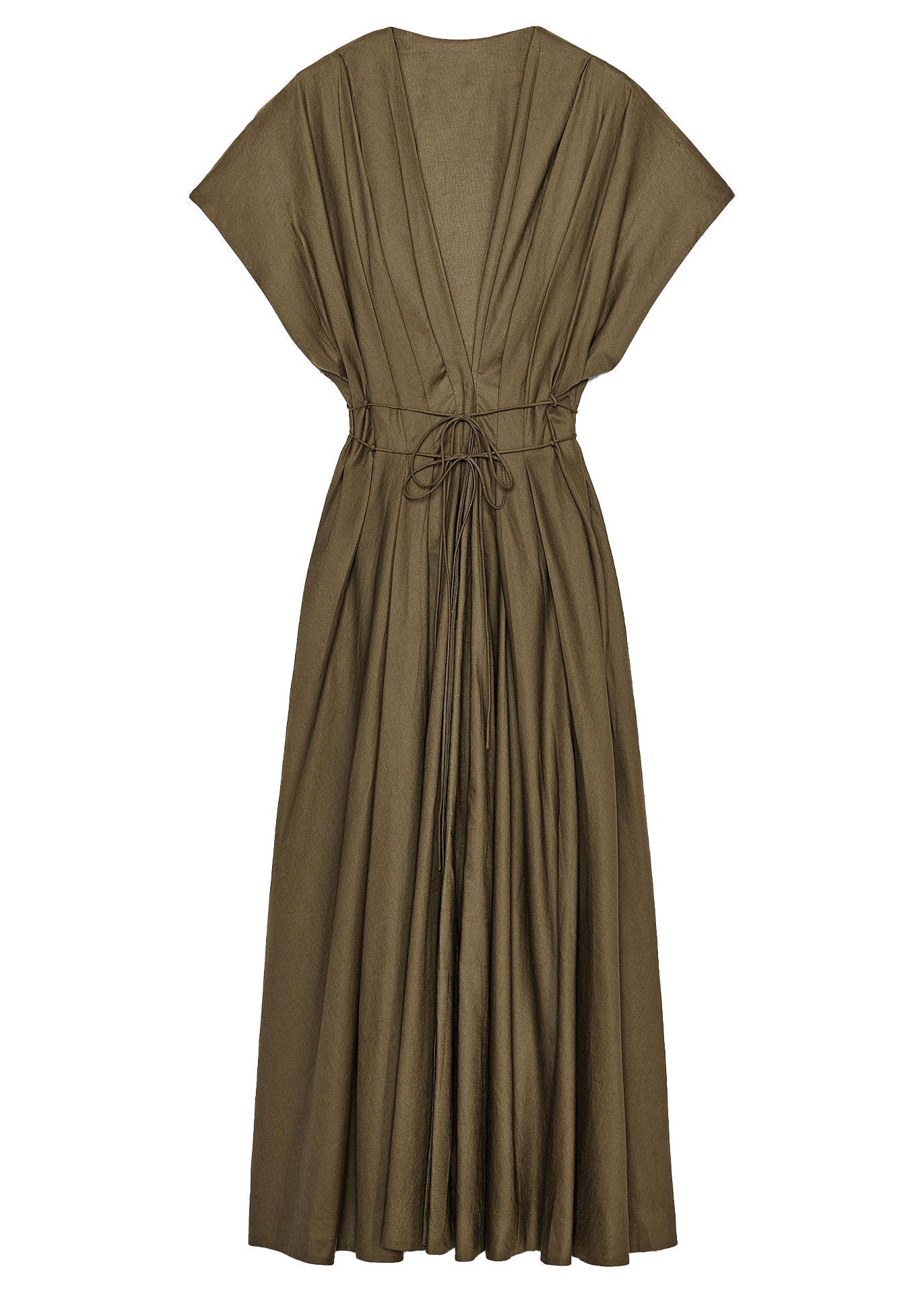 Elegant Dark Green V Neck Lace Up Wrinkled Cotton Dress Summer