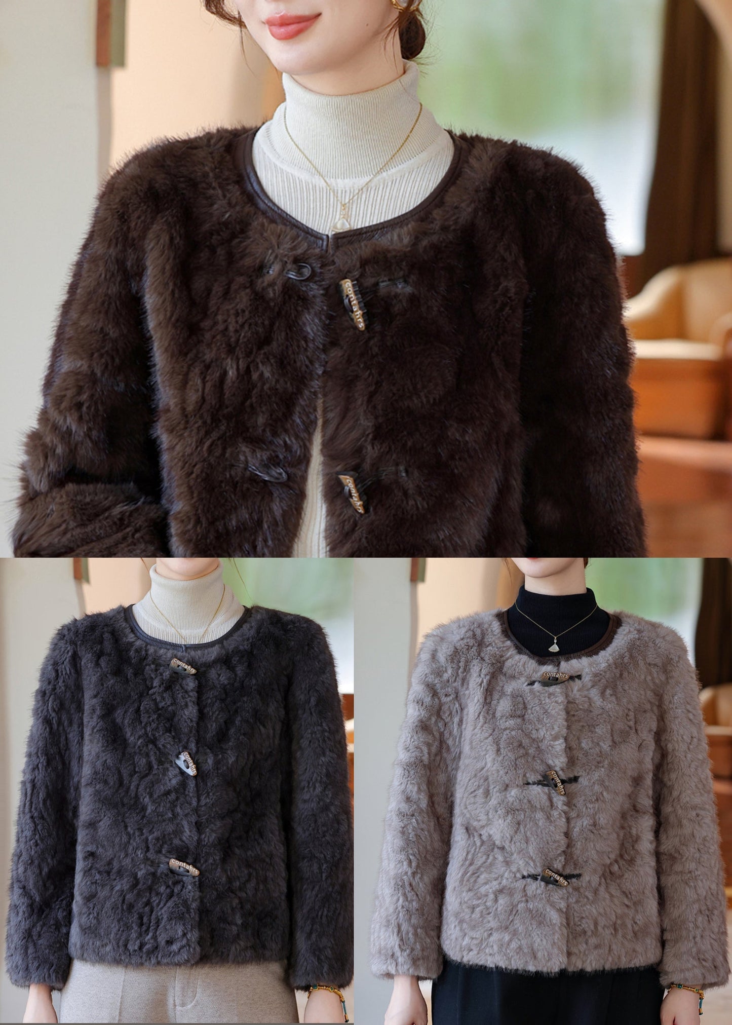 Elegant Dark Grey O-Neck Thick Faux Fur Coat Winter