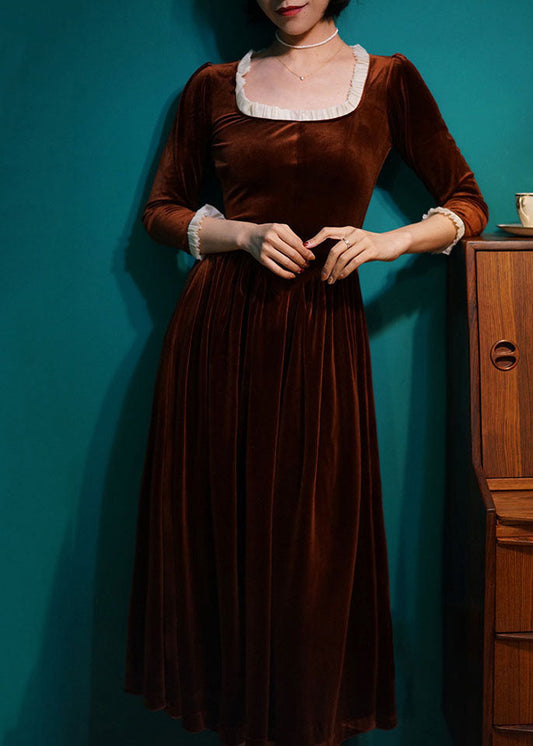 Elegante Dunkel Orange Quadrat Kragen Patchwork Seide Velour Lange Kleid Frühling