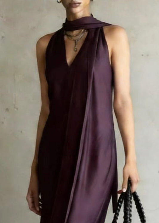Elegant Dull Purple Cold Shoulder With Scarf Chiffon Robe Dresses Summer