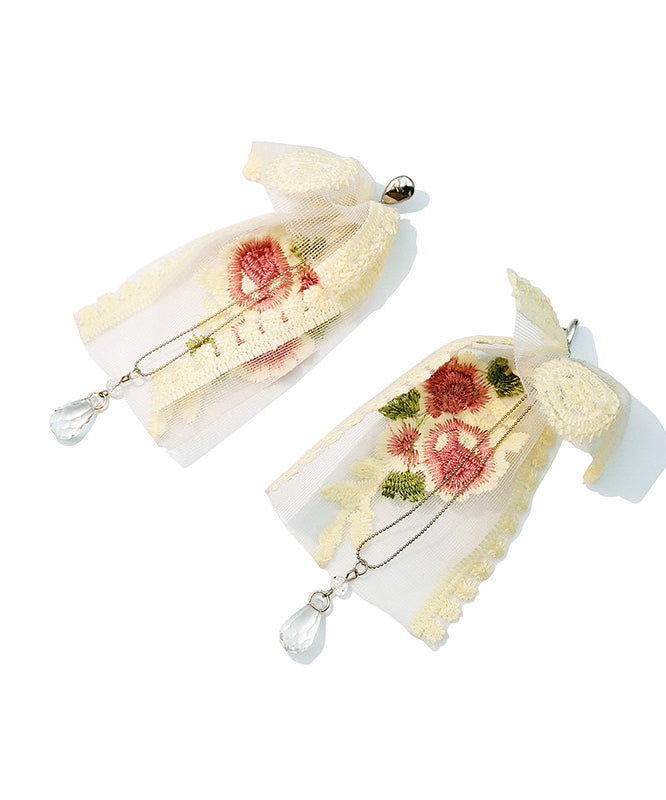 Elegant Embroidered Rose Mesh Dangle With Crystal Tasseled Pendant Earrings