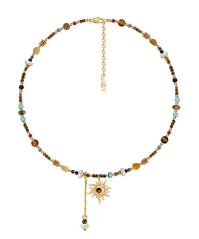 Elegant Gold Copper Allopy Pearl Agate Tiger's Eye Stone Pendant Necklace