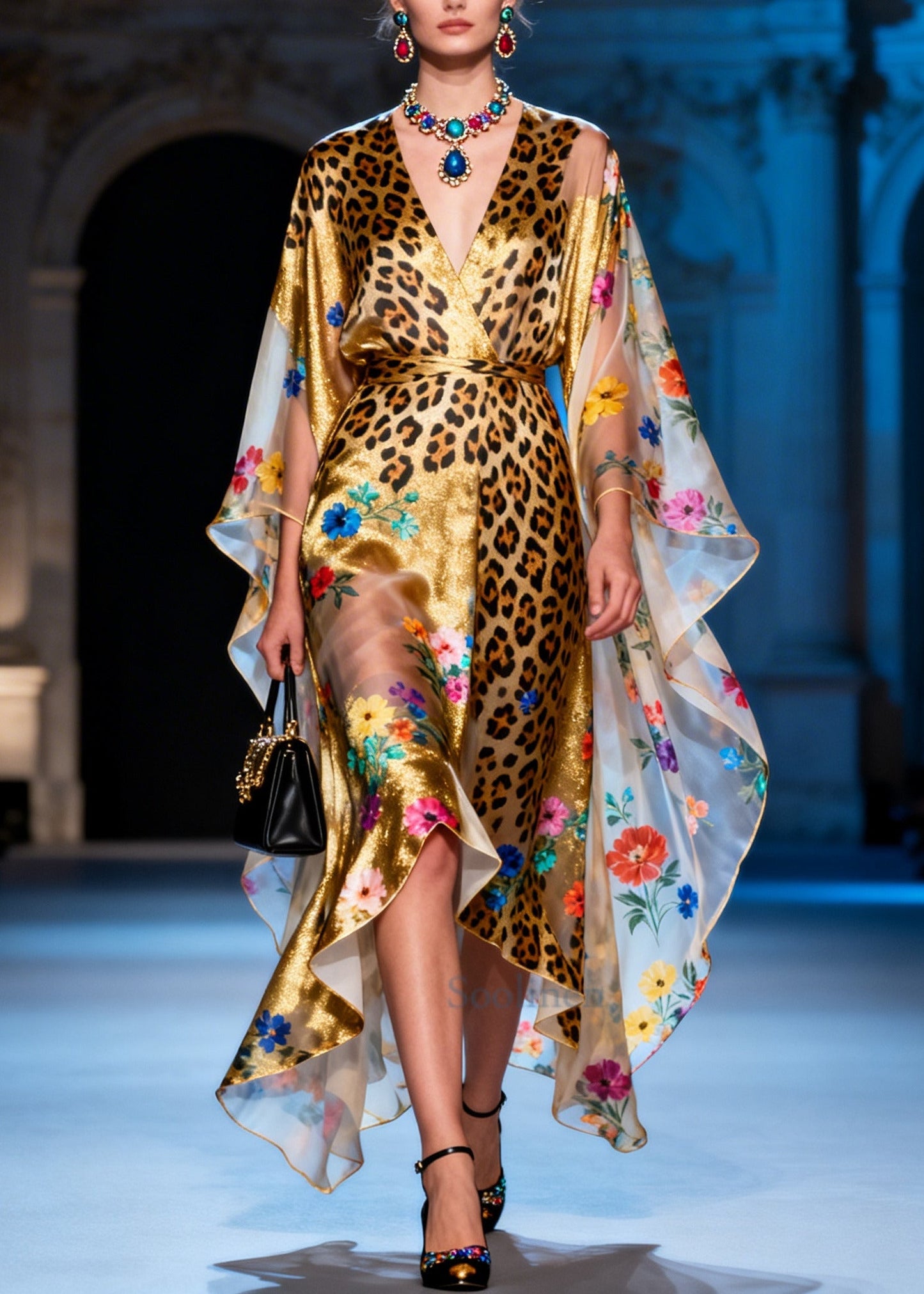 Elegant Golden Asymmetrical Print Chiffon Dresses Summer
