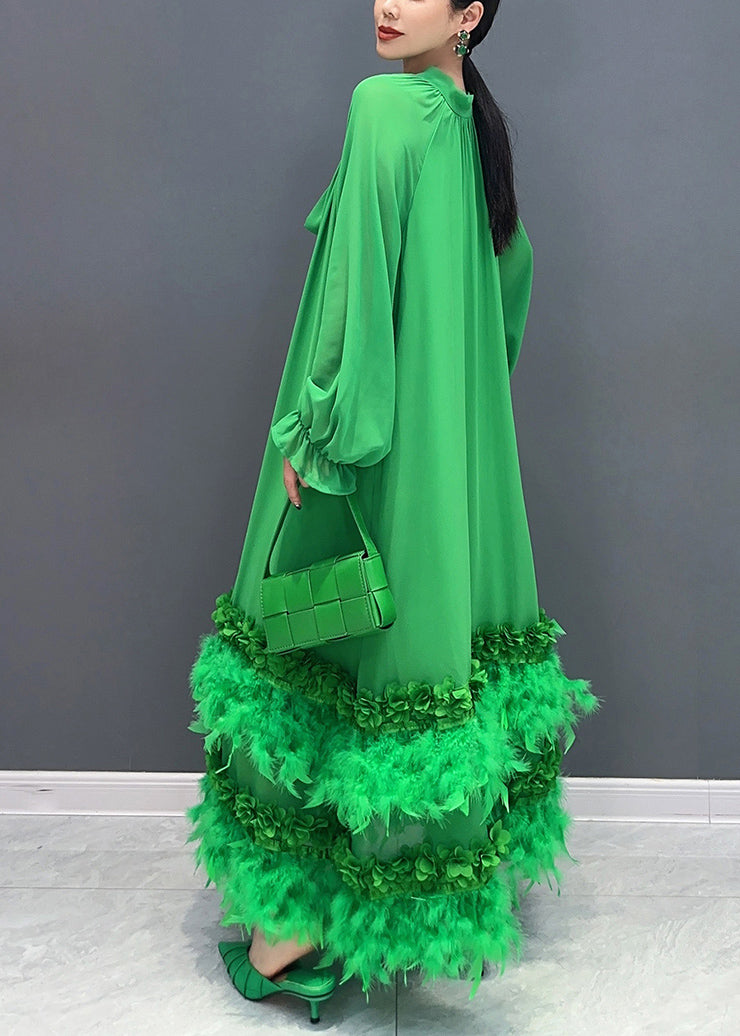 Elegant Green Bow Patchwork Floral Tassel Chiffon Long Dresses Fall