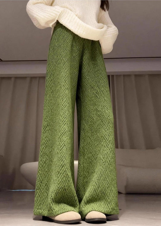 Elegant Green Elastic Waist Warm Fleece Straight Pants Winter