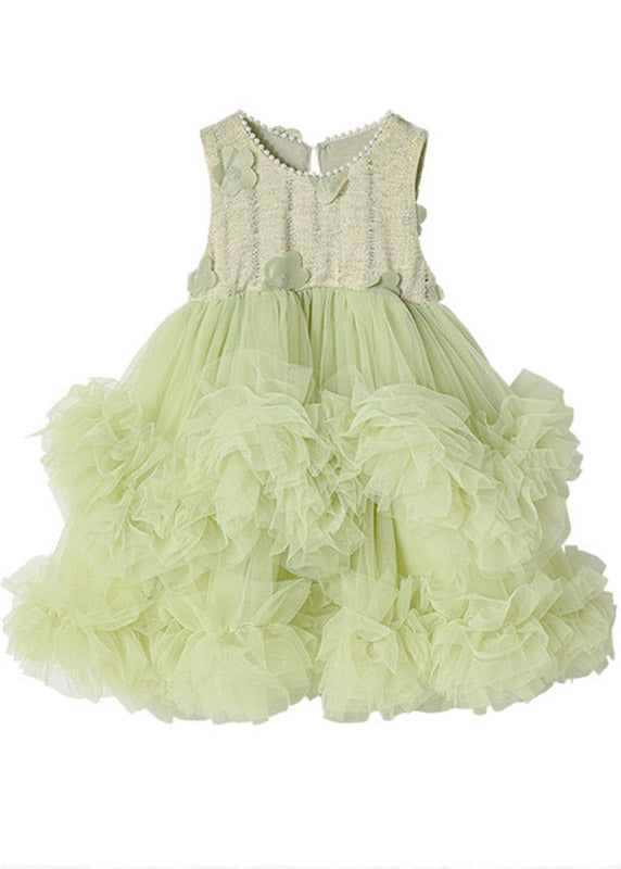 Elegant Green O-Neck Nail Bead Tulle Girls Long Dress Summer