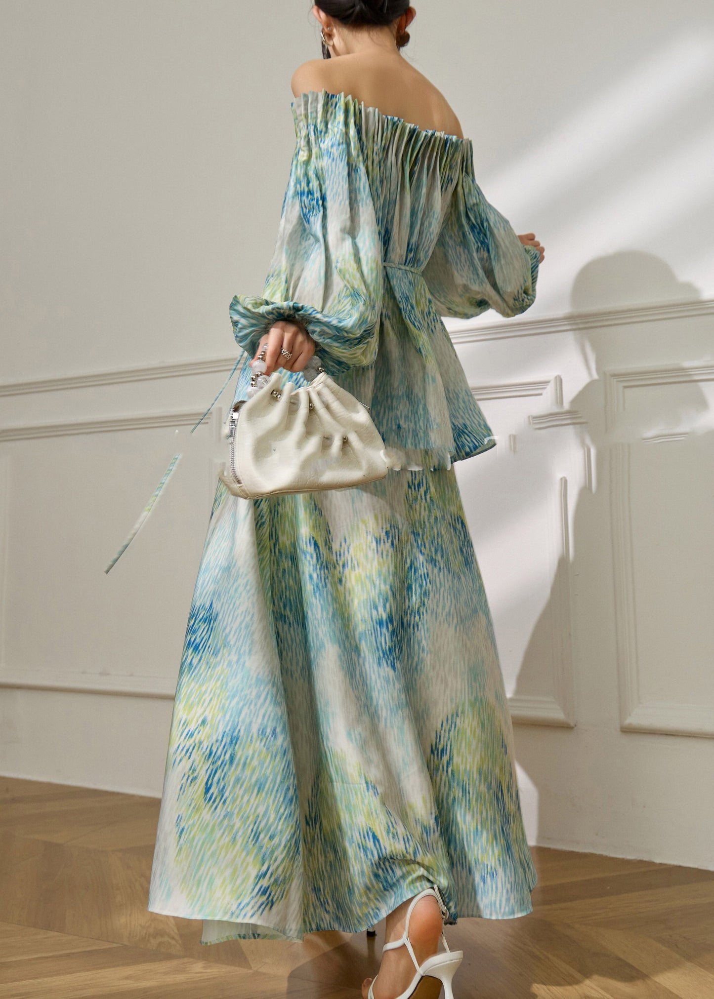Elegant Green Slash Neck Tie Waist Top And Maxi Skirts Spring