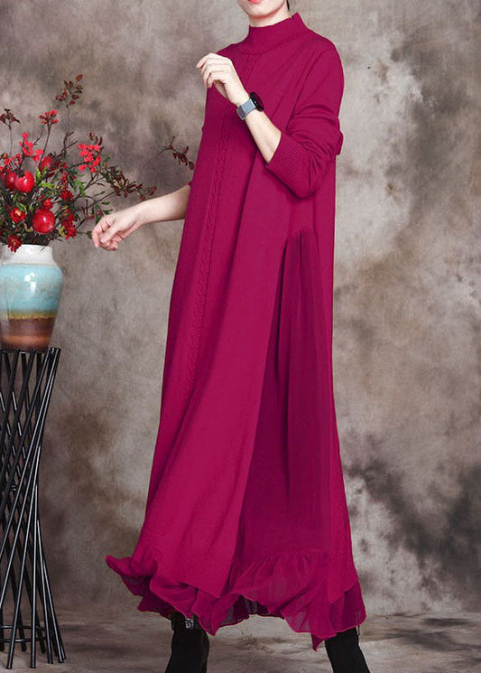Elegantes grünes Strickpulloverkleid mit Stehkragen und asymmetrischem Design für den Herbst