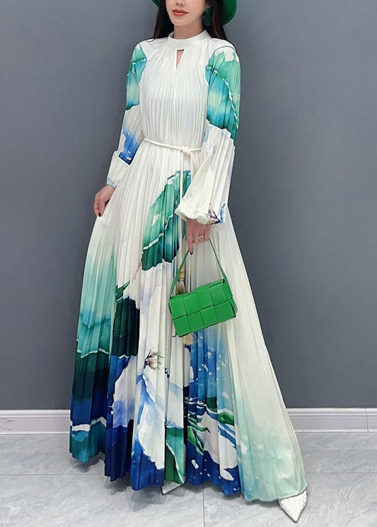 Elegante Grüne Rollkragen Print Krawatte Taille Lange Kleider Langarm